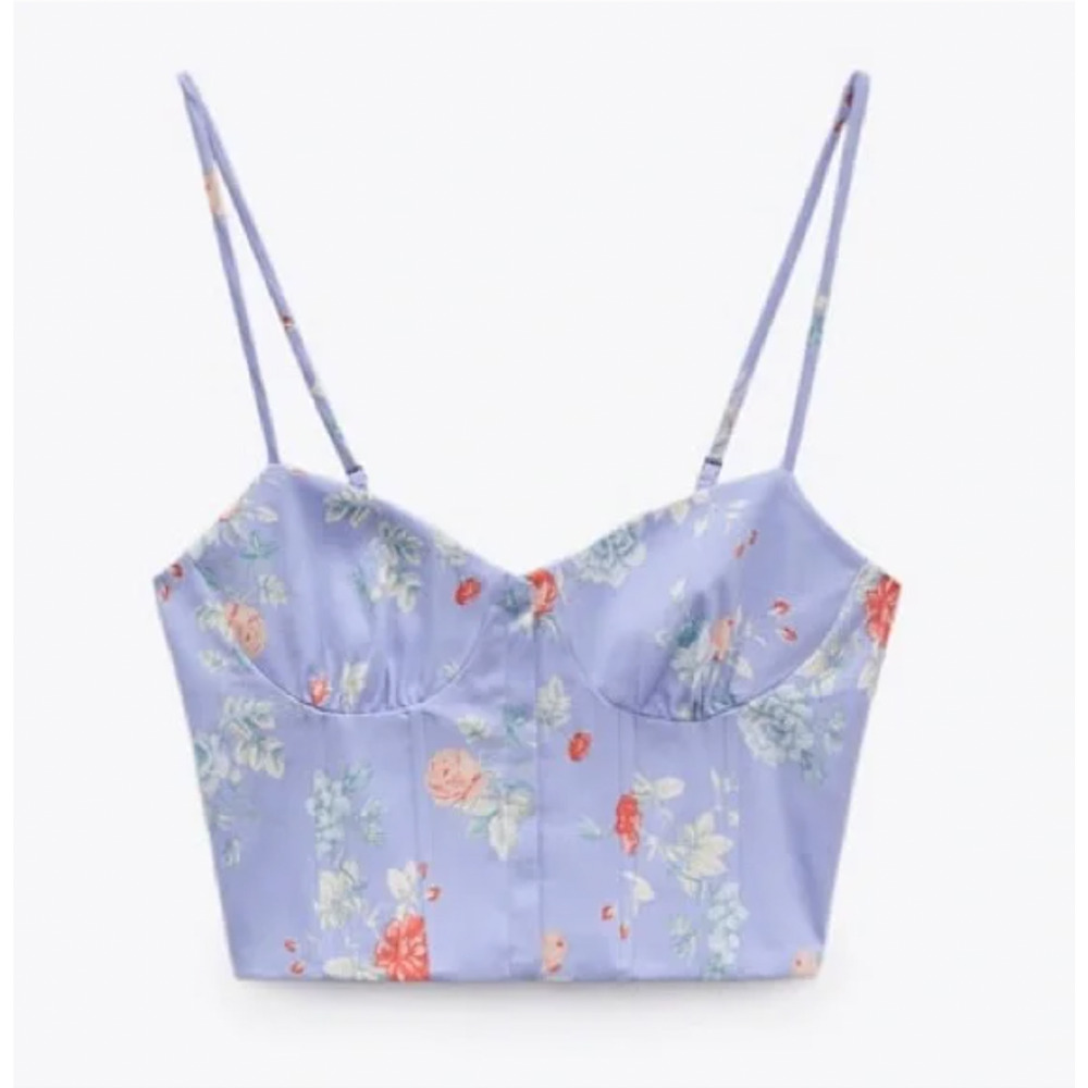 Zara Crop Top Small Blue Floral Bustier Cami Corset Sweetheart Adjustable Pastel